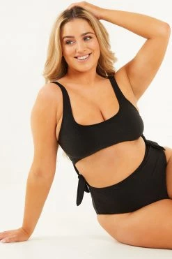 Quiz Black Textured Cut Out Swimsuit