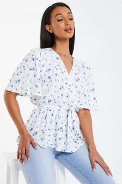 Quiz White & Blue Floral Wrap Peplum Blouse