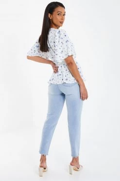 Quiz White & Blue Floral Wrap Peplum Blouse -Quiz Store Online unnamed file 983